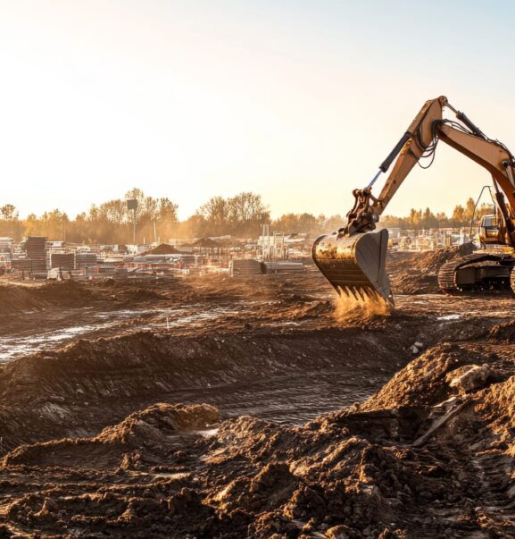 The powerful excavator digs vigorously into the ground at a bustling construction site during sunset, highlighting the dynamic process of earthmoving and site preparation
